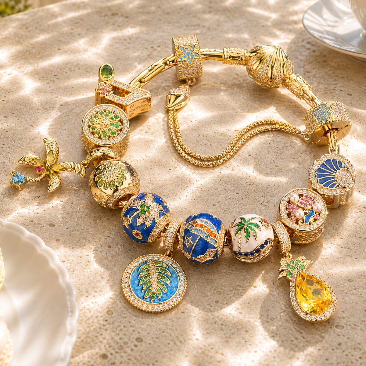 Sterling Silver Tropical Beach Paradise Curated Charm Bracelet Set in 14K Gold Plating