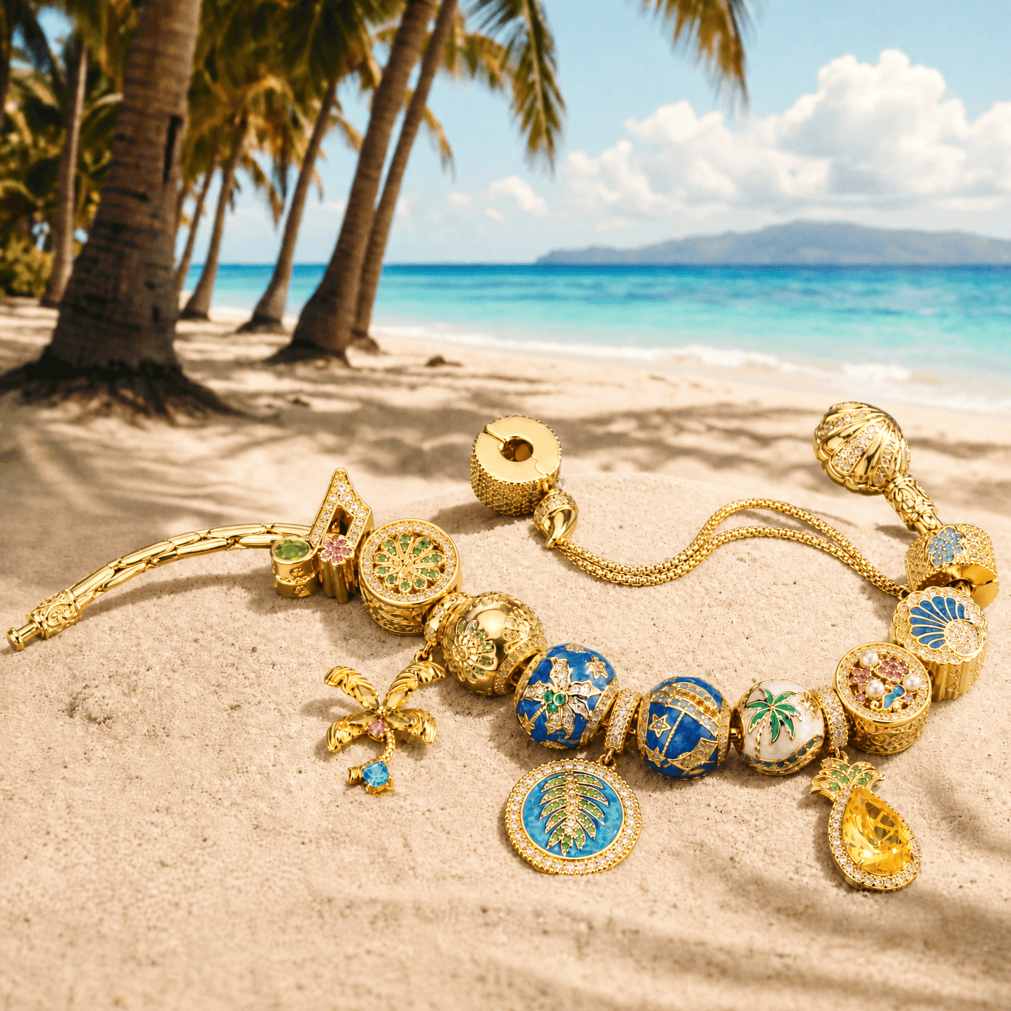 Sterling Silver Tropical Beach Paradise Curated Charm Bracelet Set in 14K Gold Plating