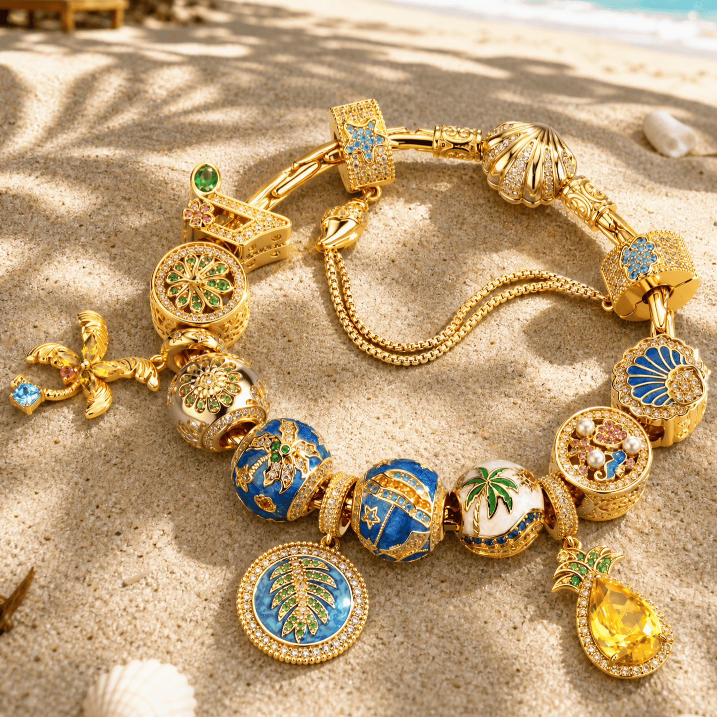 Sterling Silver Tropical Beach Paradise Curated Charm Bracelet Set in 14K Gold Plating