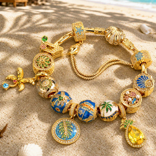 gona- Sterling Silver Tropical Beach Paradise Curated Charm Bracelet Set with 14K Gold Plating (Includes Bracelet And All Charms Shown)