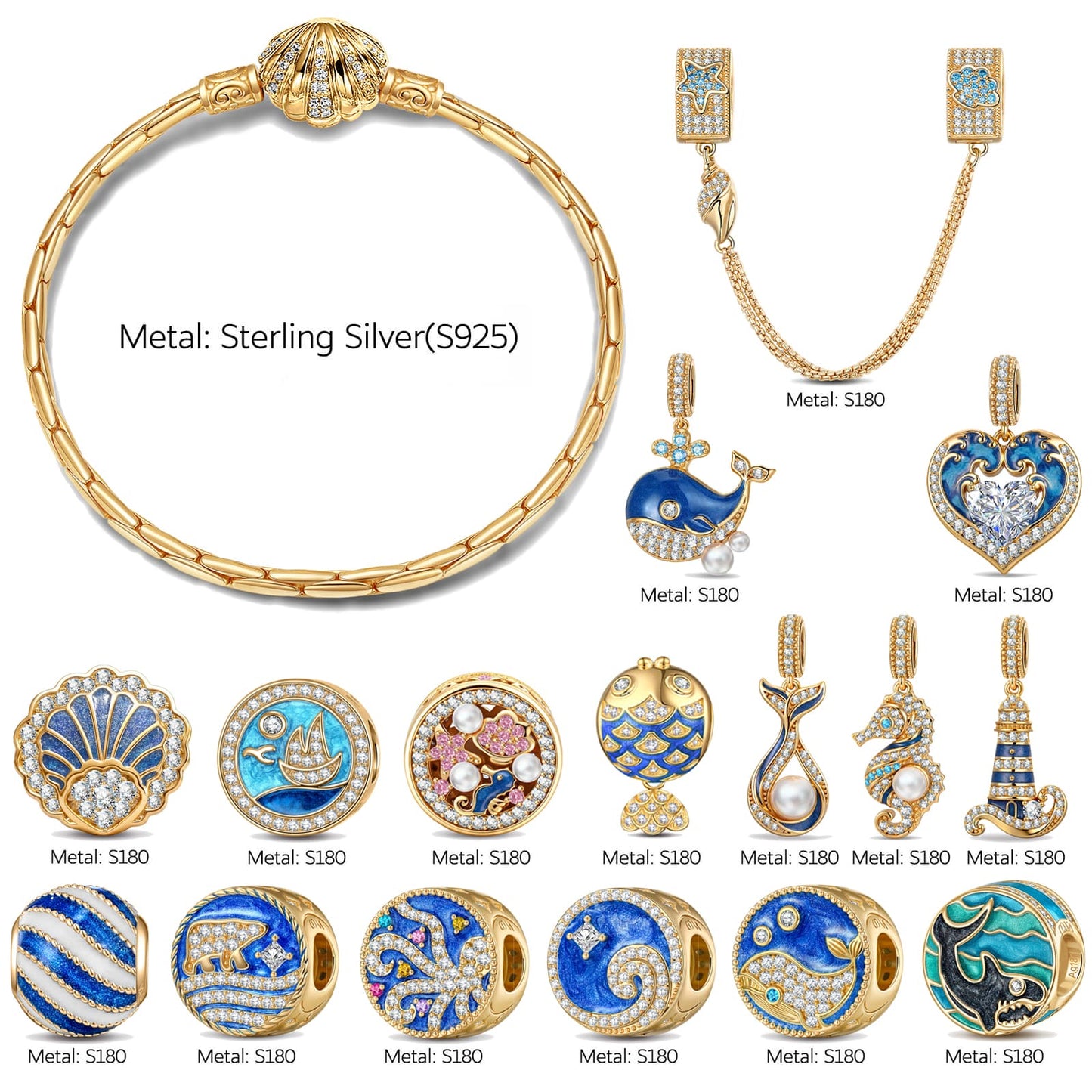 Sterling Silver Azure Nautical Ocean Enamel Curated Charm Bracelet Set in 14K Gold Plating(Includes Bracelet And All Charms Shown)