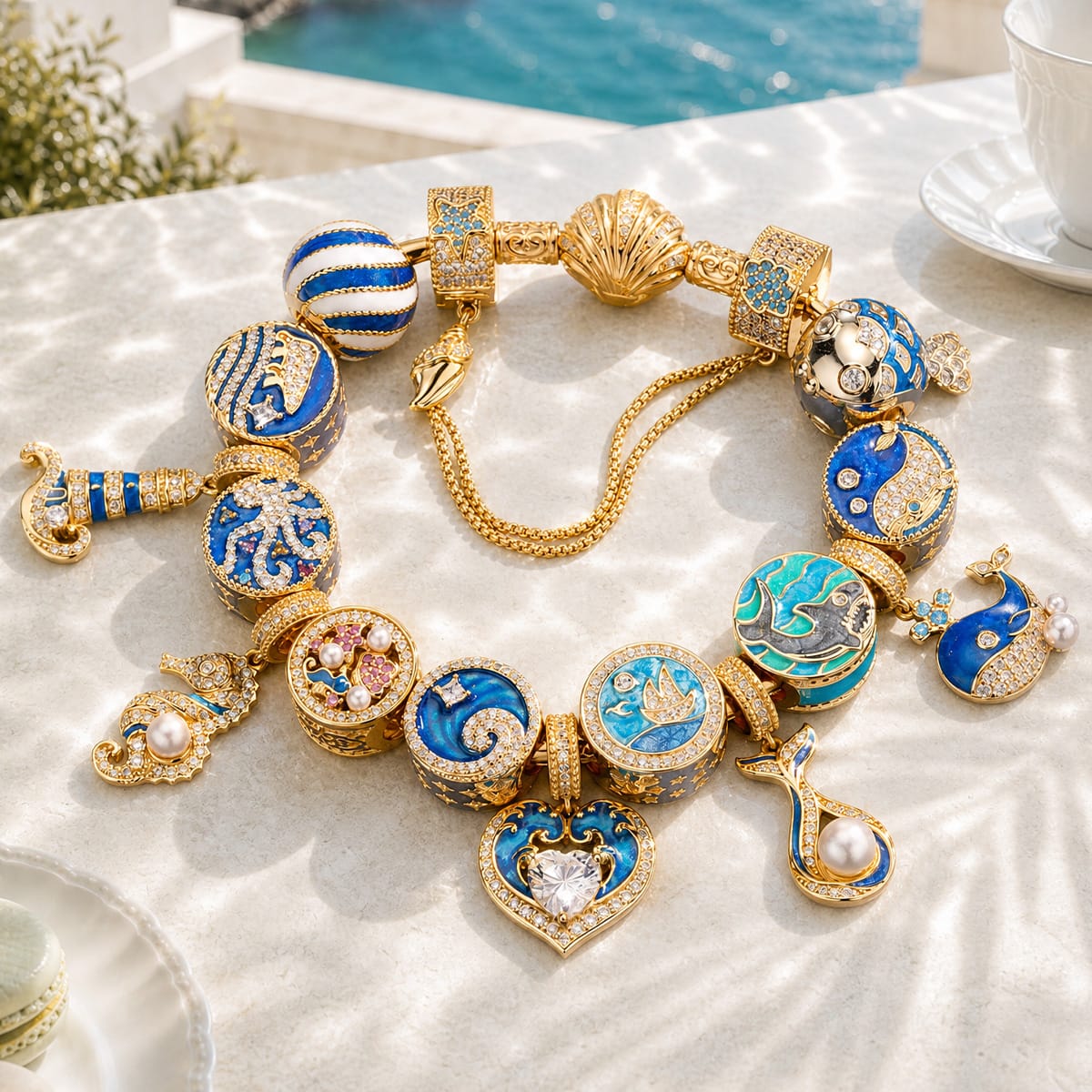 Sterling Silver Azure Nautical Ocean Enamel Curated Charm Bracelet Set in 14K Gold Plating(Includes Bracelet And All Charms Shown)