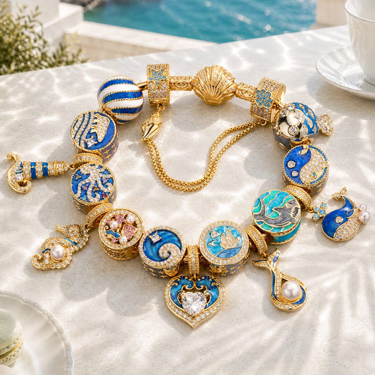 gona- Sterling Silver Azure Nautical Ocean Enamel Curated Charm Bracelet Set in 14K Gold Plating(Includes Bracelet And All Charms Shown)