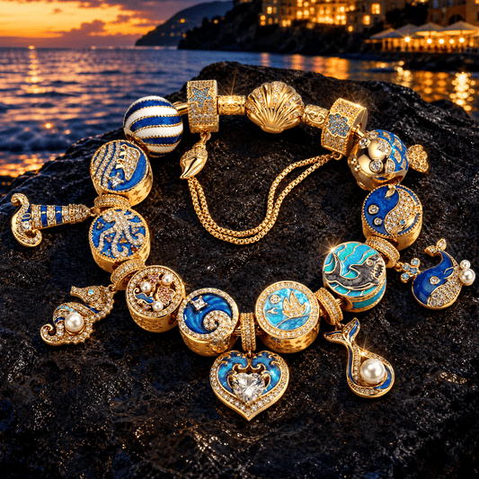 gona- Sterling Silver Azure Nautical Ocean Enamel Curated Charm Bracelet Set in 14K Gold Plating(Includes Bracelet And All Charms Shown)