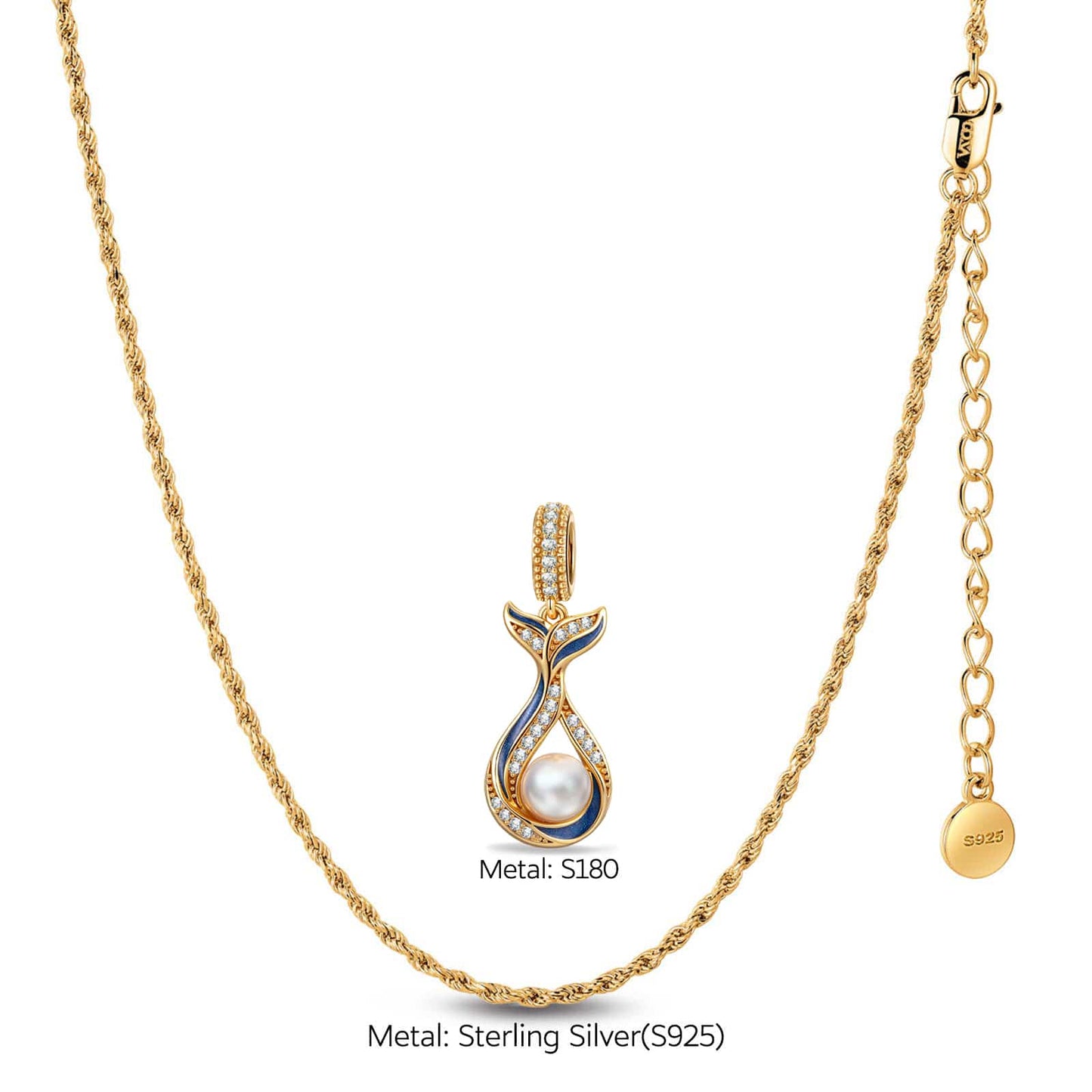 Sterling Silver Mermaid Tail Blue Enamel Pave Crystal Freshwater Pearl Curated Charm Necklace Set