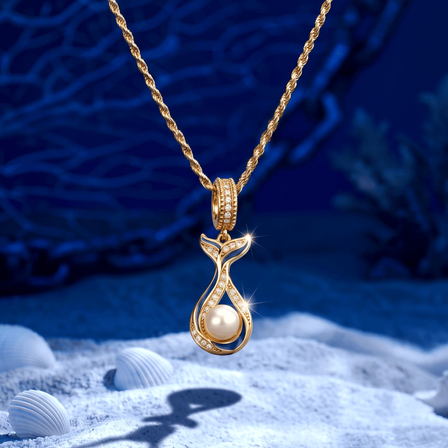 Sterling Silver Mermaid Tail Blue Enamel Pave Crystal Freshwater Pearl Curated Charm Necklace Set
