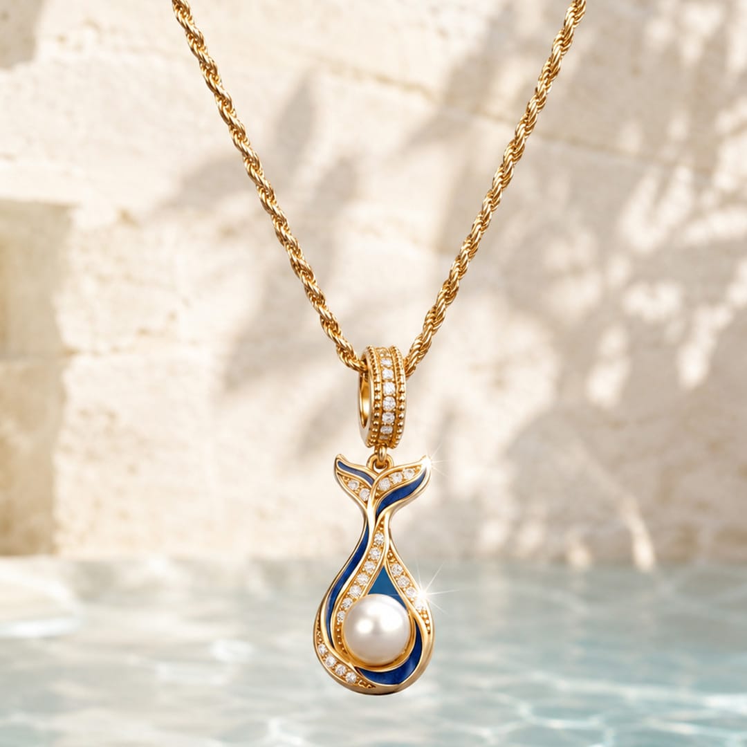Sterling Silver Mermaid Tail Blue Enamel Pave Freshwater Pearl Curated Charm Necklace Set