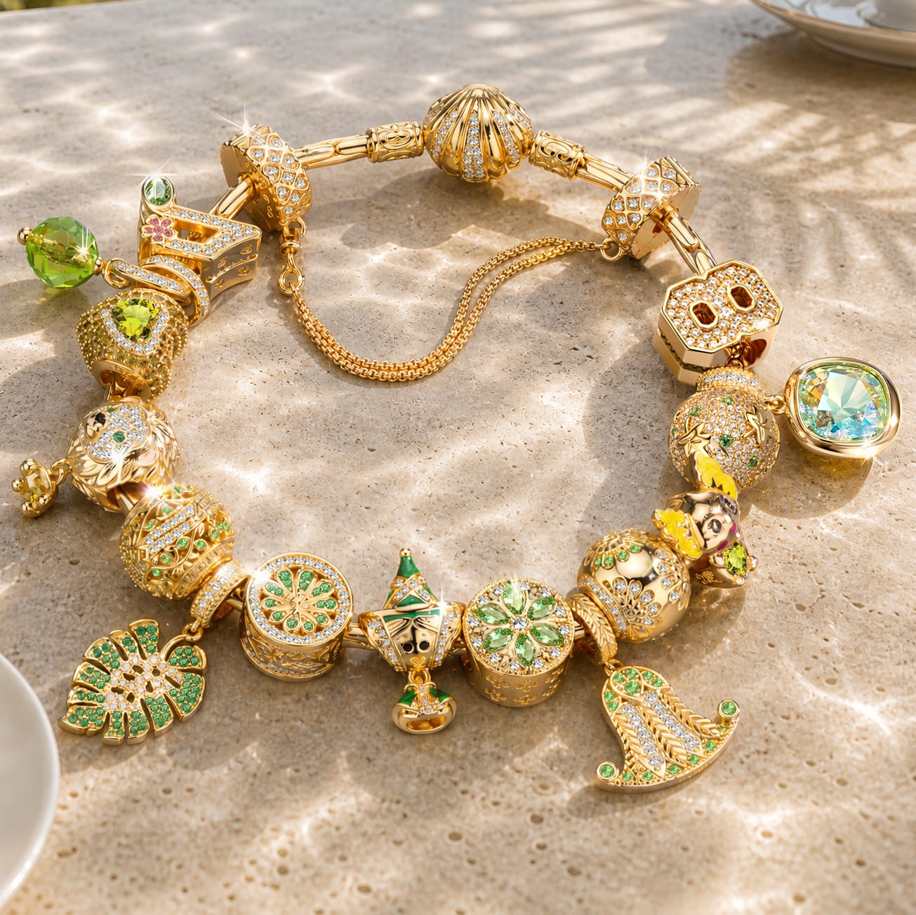 Sterling Silver August Birthstone Peridot Enchanted Grove Curated Charm Bracelet Set in 14K Gold Plating