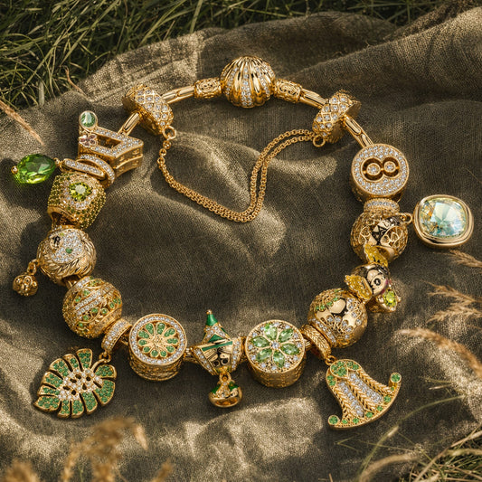 gona- Sterling Silver August Birthstone Peridot Enchanted Grove Curated Charm Bracelet Set in 14K Gold Plating