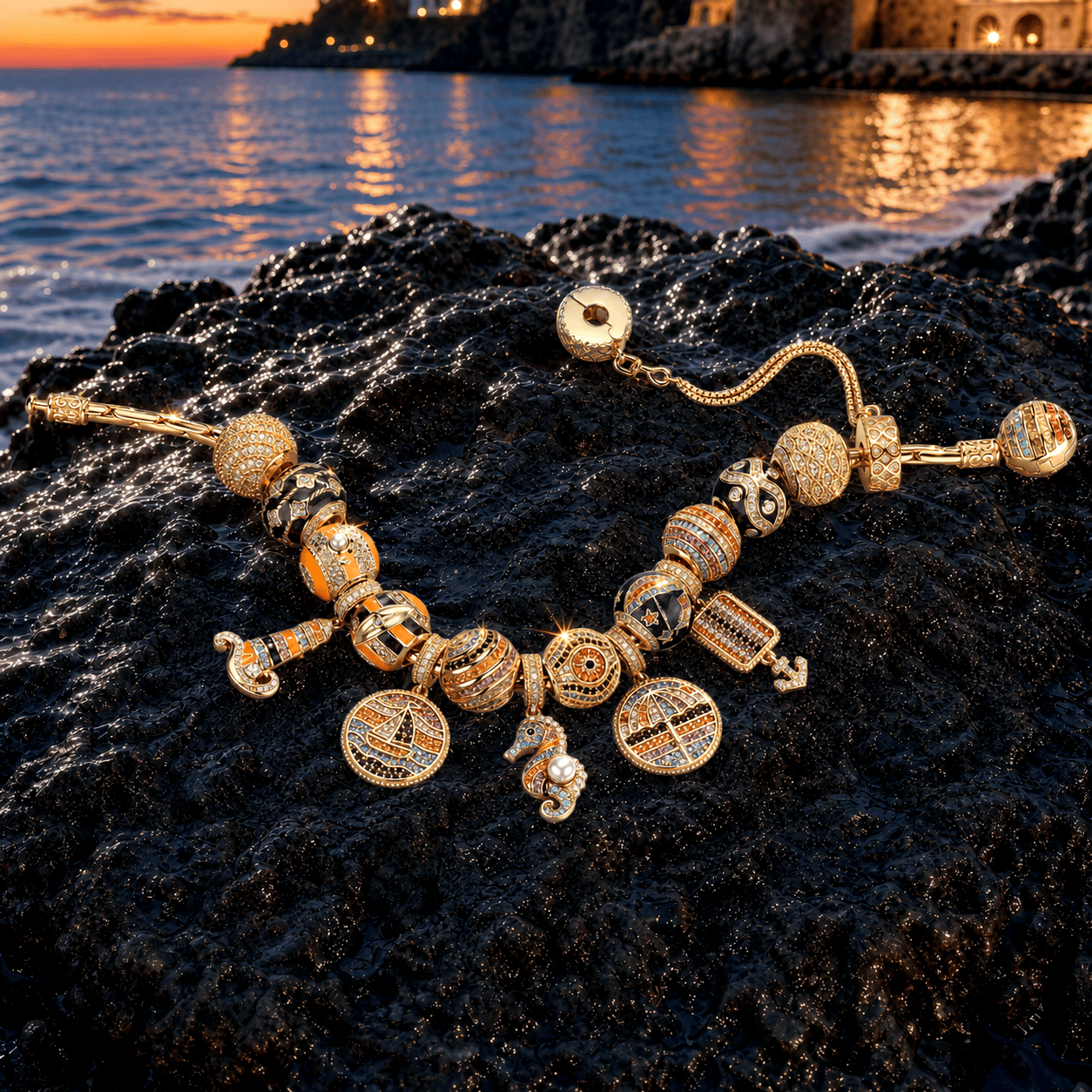 Sterling Silver Ocean Explorer Curated Charm Bracelet Set with 14K Gold Plating (Includes Bracelet And All Charms Shown)