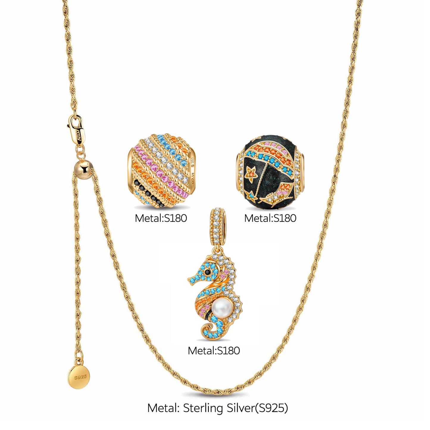 Sterling Silver Moonlit Ocean Seahorse & Initial Pendant Layered Necklace Set (Includes Necklace and All Charms Shown)