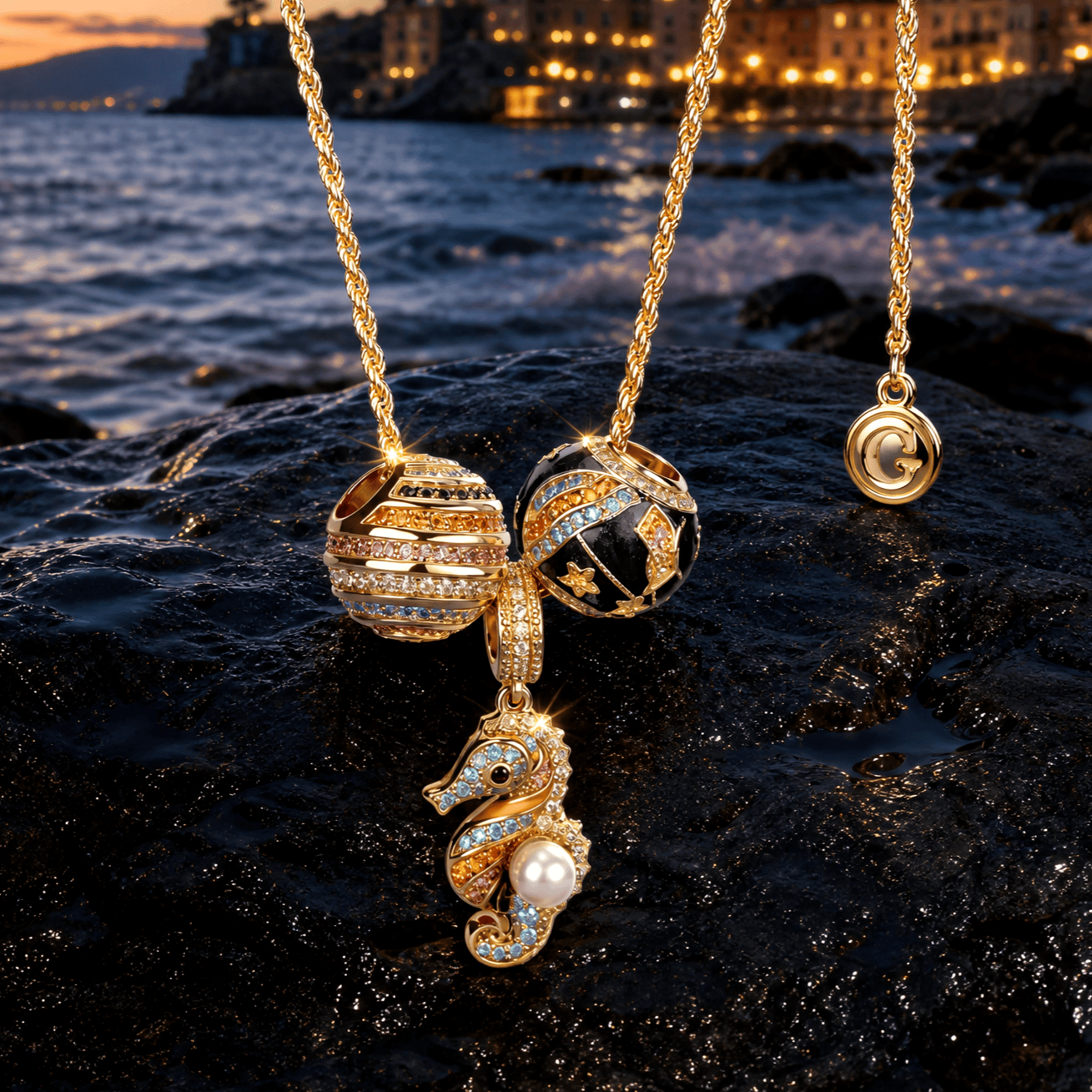 Sterling Silver Moonlit Ocean Seahorse & Initial Pendant Layered Necklace Set (Includes Necklace and All Charms Shown)