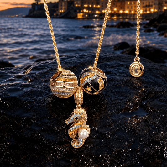 gona- Sterling Silver Moonlit Ocean Seahorse & Initial Pendant Layered Necklace Set (Includes Necklace and All Charms Shown)
