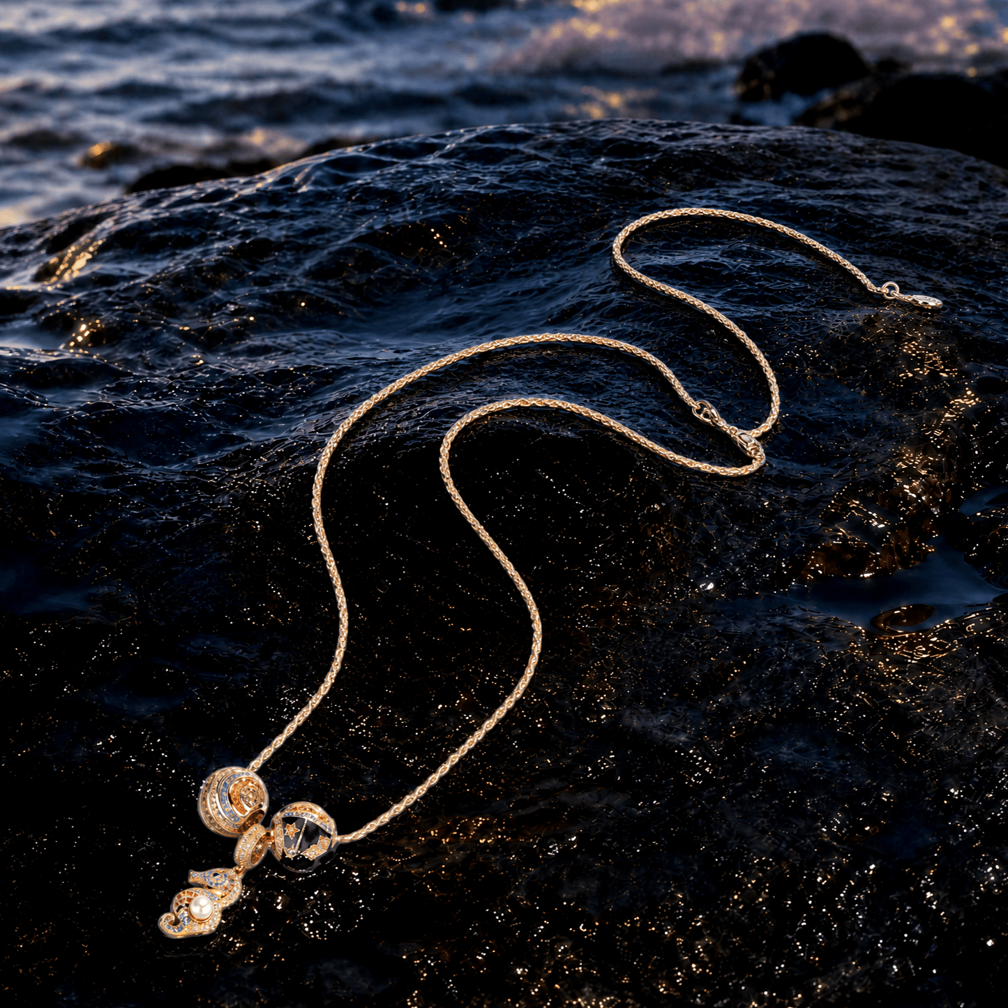 Sterling Silver Moonlit Ocean Seahorse & Initial Pendant Layered Necklace Set (Includes Necklace and All Charms Shown)