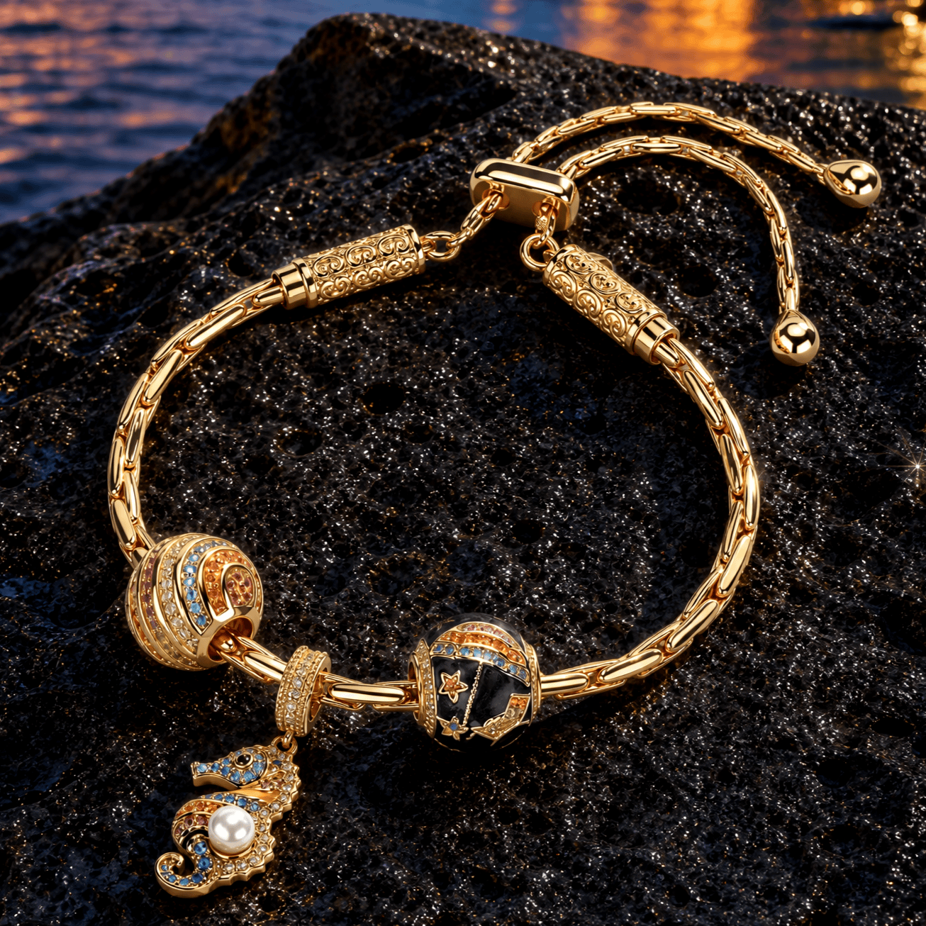 Sterling Silver Seahorse & Starry Sea Curated Charm Bolo Bracelet Set with 14K Gold Plating (Includes Bracelet and All Charms Shown)