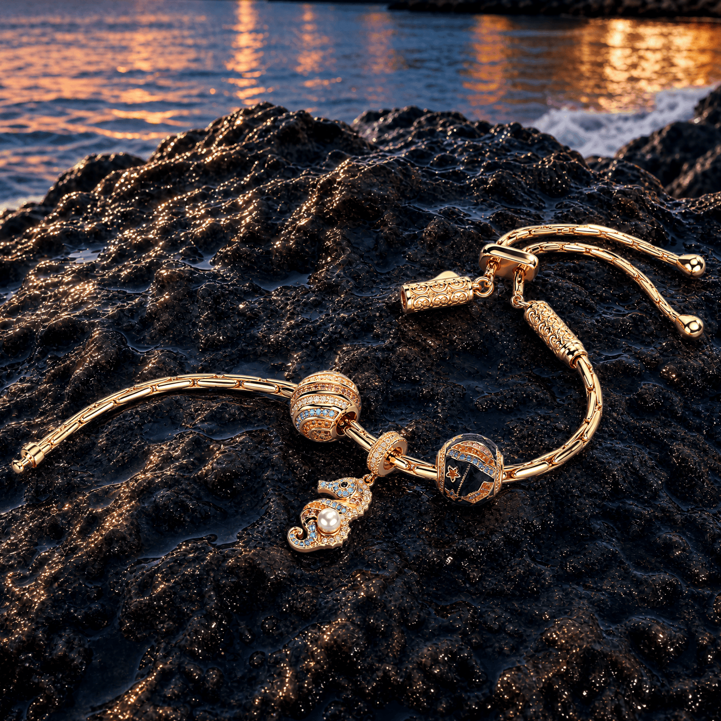 Sterling Silver Seahorse & Starry Sea Curated Charm Bolo Bracelet Set with 14K Gold Plating (Includes Bracelet and All Charms Shown)