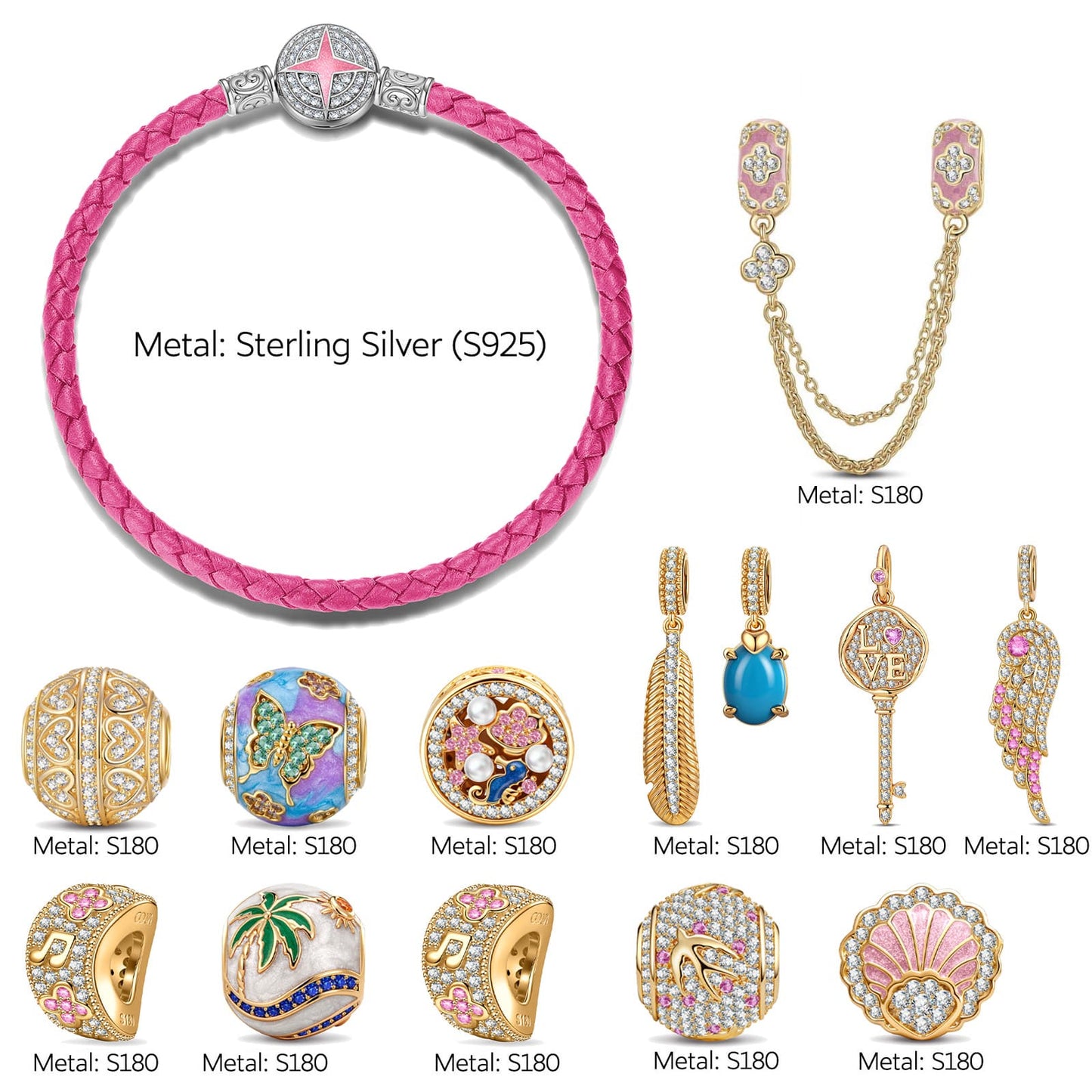 Sterling Silver Tropical Travel & Music Curated Charm Bracelet Set with Pink Braided Cord and 14K Gold Plating (Includes Bracelet and All Charms Shown)
