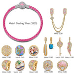 Sterling Silver Tropical Travel & Music Curated Charm Bracelet Set with Pink Braided Cord and 14K Gold Plating (Includes Bracelet and All Charms Shown)