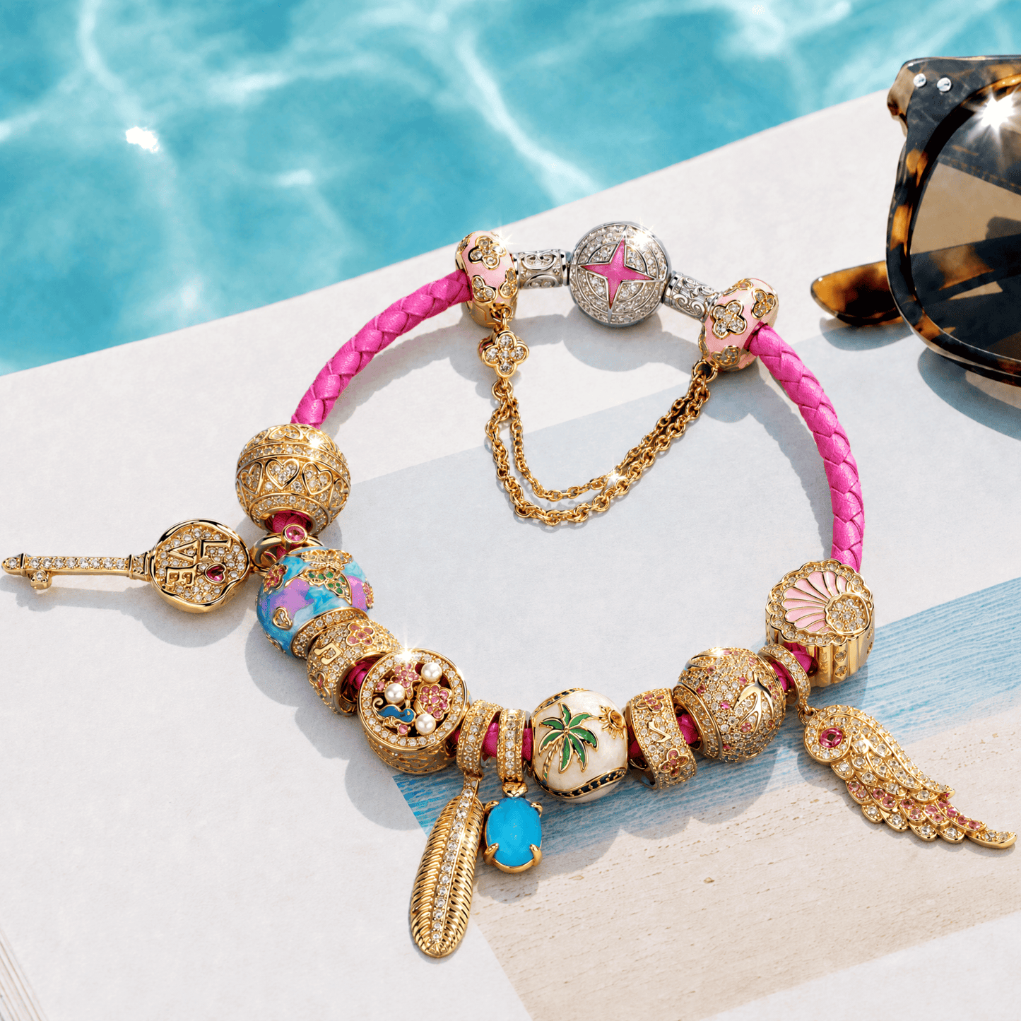 Sterling Silver Tropical Travel & Music Curated Charm Bracelet Set with Pink Braided Cord and 14K Gold Plating (Includes Bracelet and All Charms Shown)