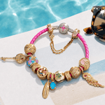 Sterling Silver Tropical Travel & Music Curated Charm Bracelet Set with Pink Braided Cord and 14K Gold Plating (Includes Bracelet and All Charms Shown)