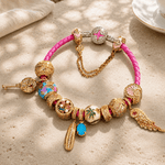 Sterling Silver Tropical Travel & Music Curated Charm Bracelet Set with Pink Braided Cord and 14K Gold Plating (Includes Bracelet and All Charms Shown)