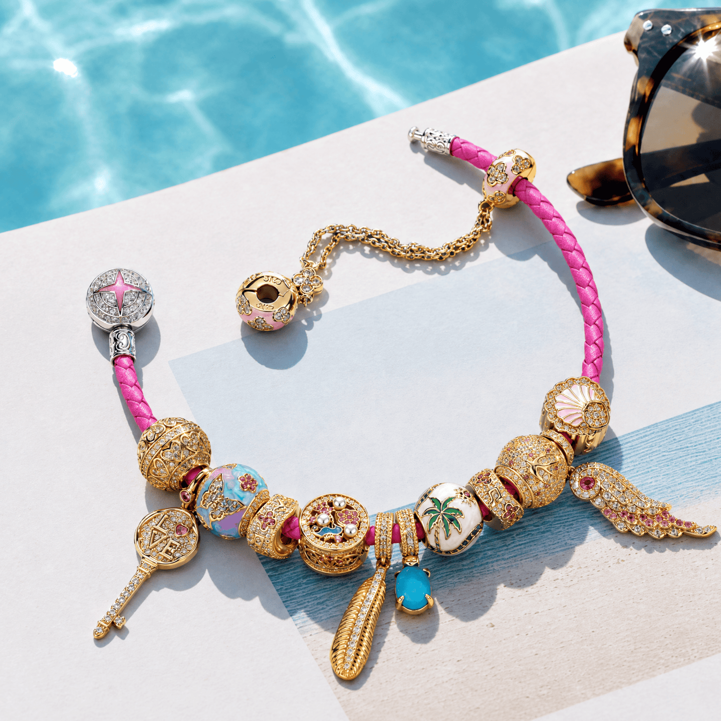 Sterling Silver Tropical Travel & Music Curated Charm Bracelet Set with Pink Braided Cord and 14K Gold Plating (Includes Bracelet and All Charms Shown)