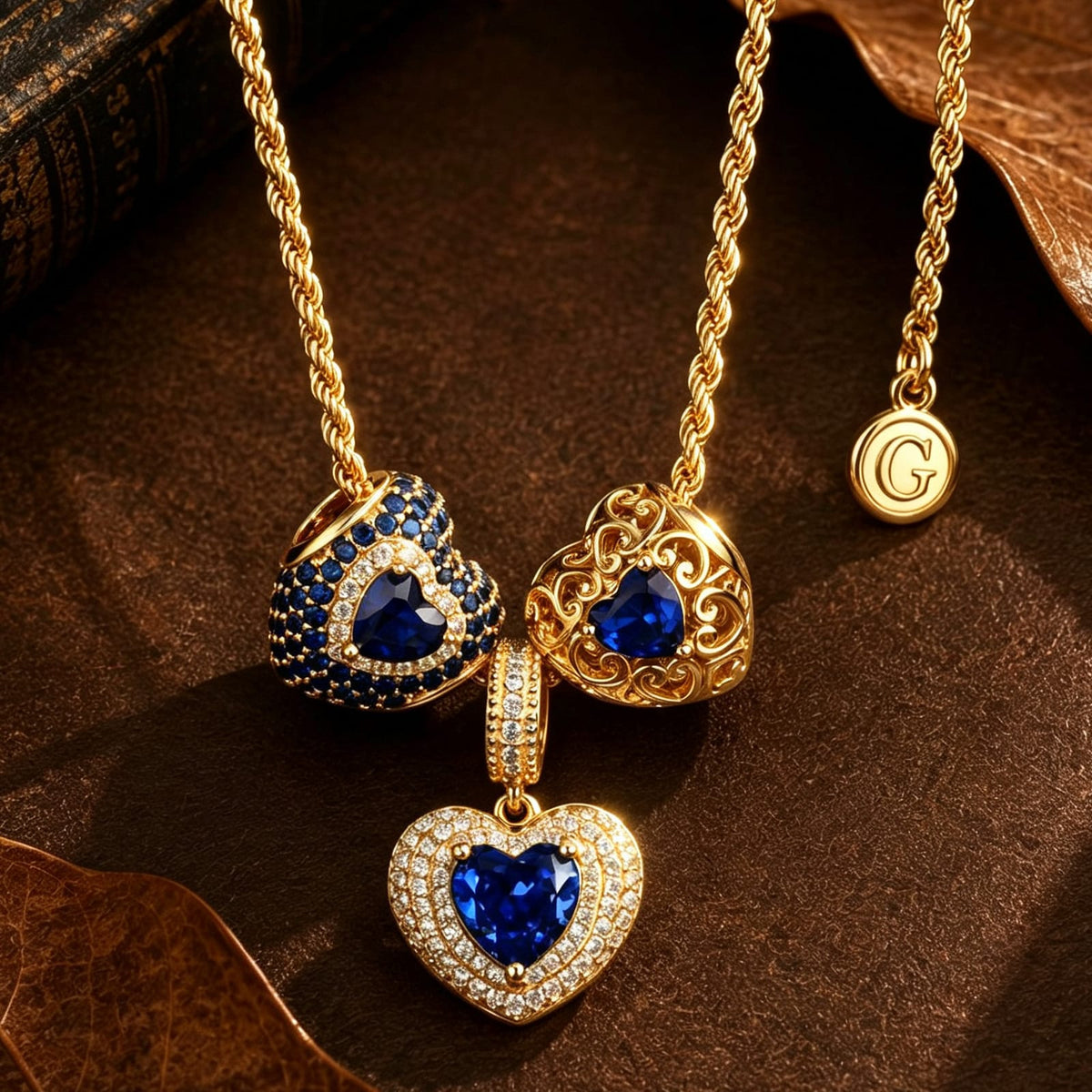 Sterling Silver Royal Romance Blue Heart Curated Charm Necklace Set with 14K Gold Plating (Includes Necklace And All Charms Shown)