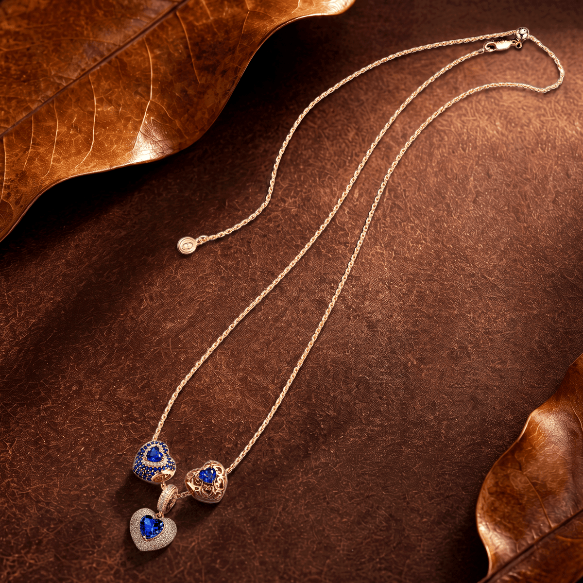 Sterling Silver Royal Romance Blue Heart Curated Charm Necklace Set with 14K Gold Plating (Includes Necklace And All Charms Shown)