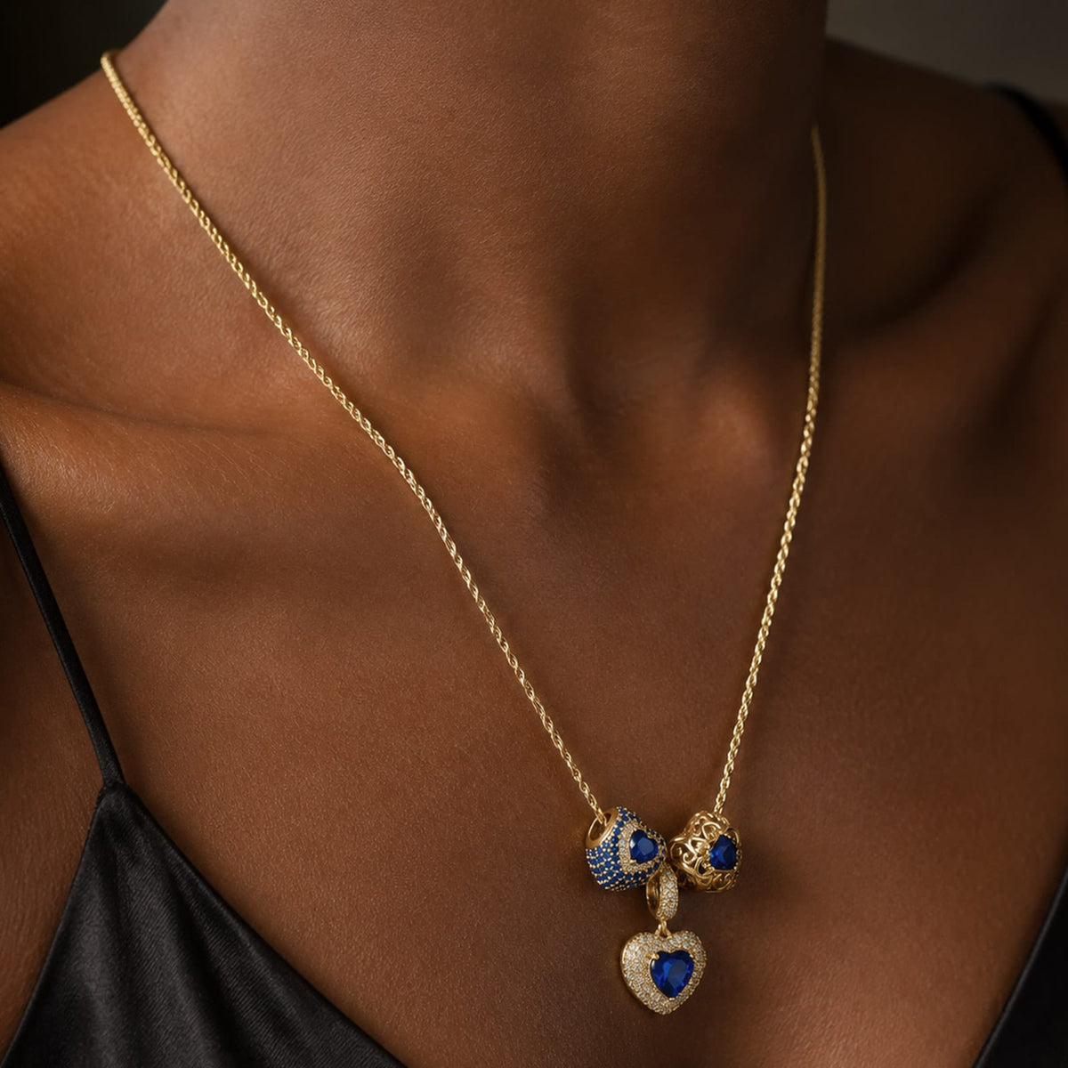 Sterling Silver Royal Romance Blue Heart Curated Charm Necklace Set with 14K Gold Plating (Includes Necklace And All Charms Shown)