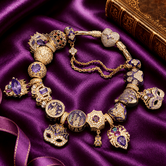 gona- Pre Order Ships On Sep. 17 - Sterling Silver Midnight Masquerade Castle & Spiderweb Charms Bracelet Set With Purple Enamel In 14K Gold Plated