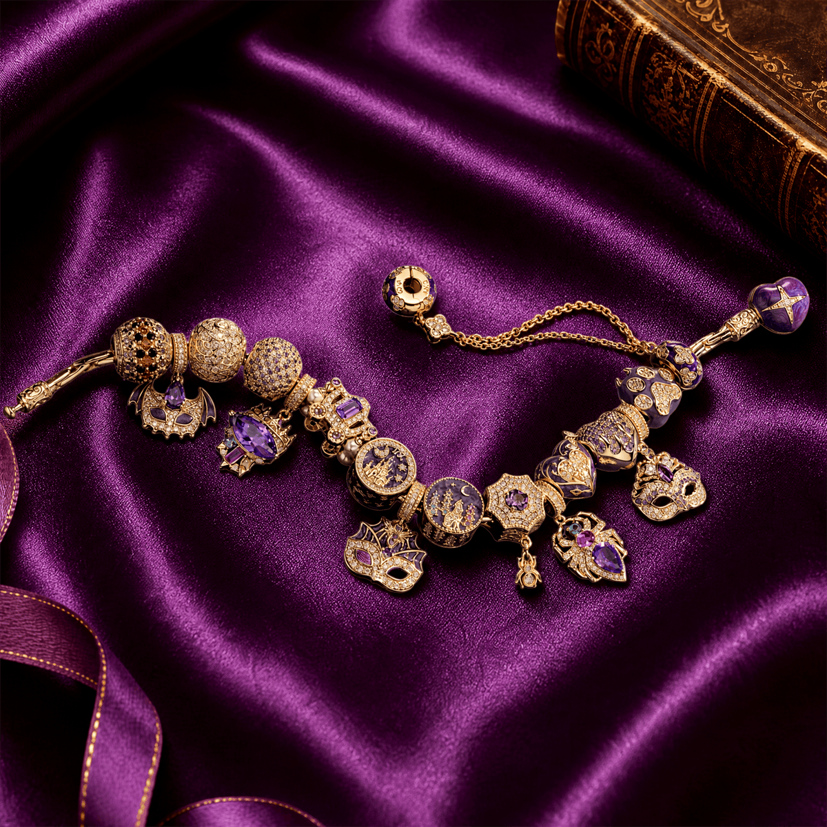 Pre Order Ships On Sep. 17 - Sterling Silver Midnight Masquerade Castle & Spiderweb Charms Bracelet Set With Purple Enamel In 14K Gold Plated