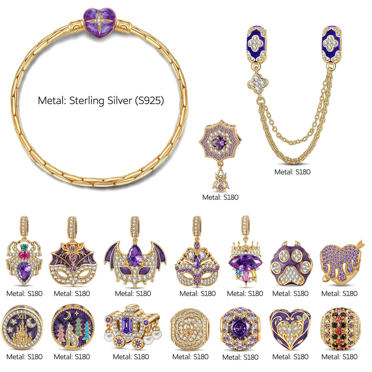 Sterling Silver Midnight Masquerade Castle & Spiderweb Charms Bracelet Set With Purple Enamel In 14K Gold Plated