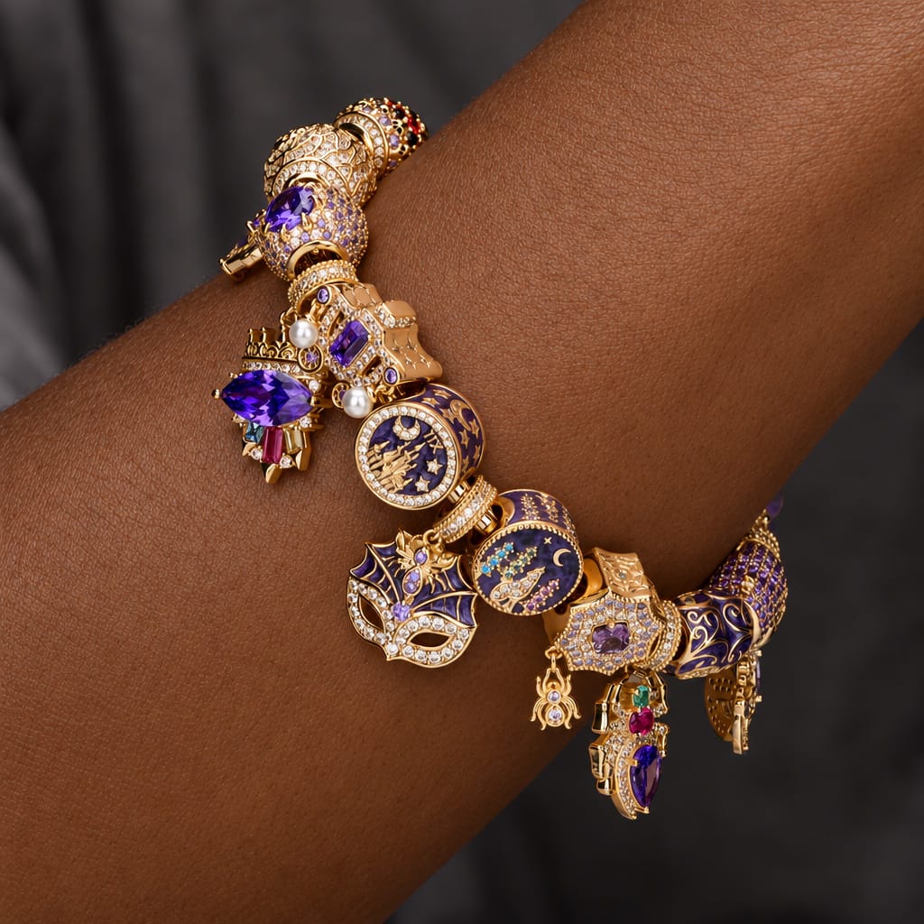 Sterling Silver Midnight Masquerade Castle & Spiderweb Charms Bracelet Set With Purple Enamel In 14K Gold Plated