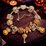 New Arrival - Sterling Silver Golden Pumpkin Masquerade & Ghostly Owl Charms Bracelet Set With Enamel In 14K Gold Plated