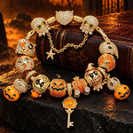 New Arrival - Sterling Silver Golden Pumpkin Masquerade & Ghostly Owl Charms Bracelet Set With Enamel In 14K Gold Plated