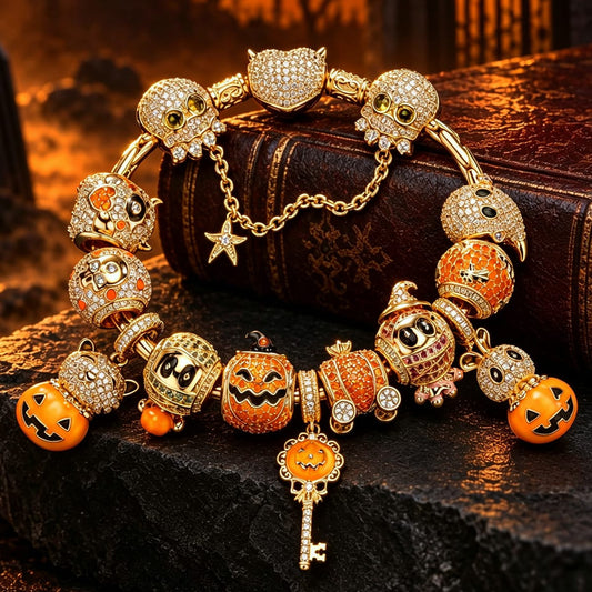 gona- New Arrival - Sterling Silver Golden Pumpkin Masquerade & Ghostly Owl Charms Bracelet Set With Enamel In 14K Gold Plated