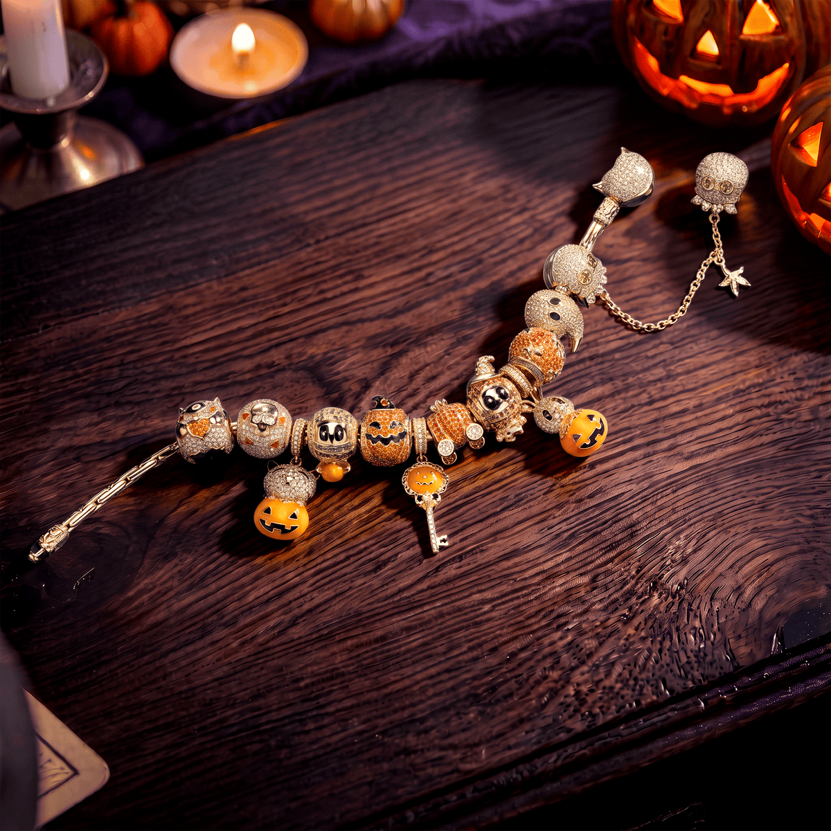New Arrival - Sterling Silver Golden Pumpkin Masquerade & Ghostly Owl Charms Bracelet Set With Enamel In 14K Gold Plated