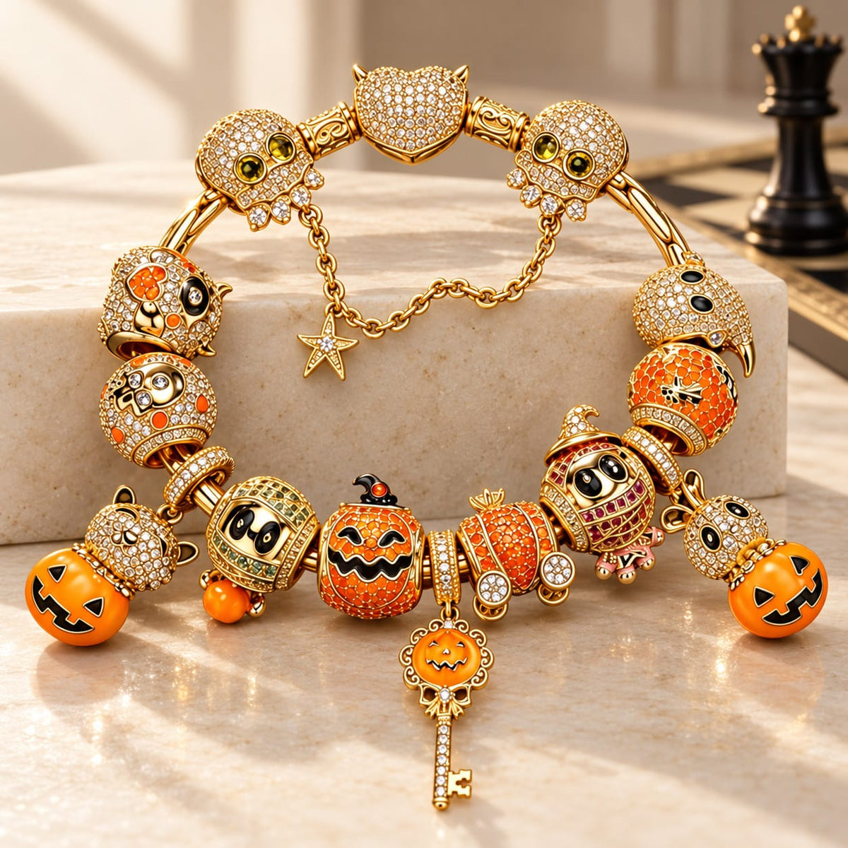 New Arrival - Sterling Silver Golden Pumpkin Masquerade & Ghostly Owl Charms Bracelet Set With Enamel In 14K Gold Plated