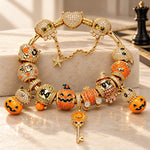 New Arrival - Sterling Silver Golden Pumpkin Masquerade & Ghostly Owl Charms Bracelet Set With Enamel In 14K Gold Plated