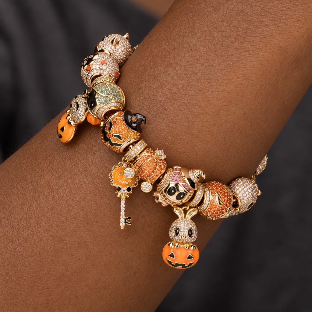 New Arrival - Sterling Silver Golden Pumpkin Masquerade & Ghostly Owl Charms Bracelet Set With Enamel In 14K Gold Plated