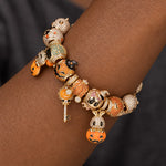 New Arrival - Sterling Silver Golden Pumpkin Masquerade & Ghostly Owl Charms Bracelet Set With Enamel In 14K Gold Plated