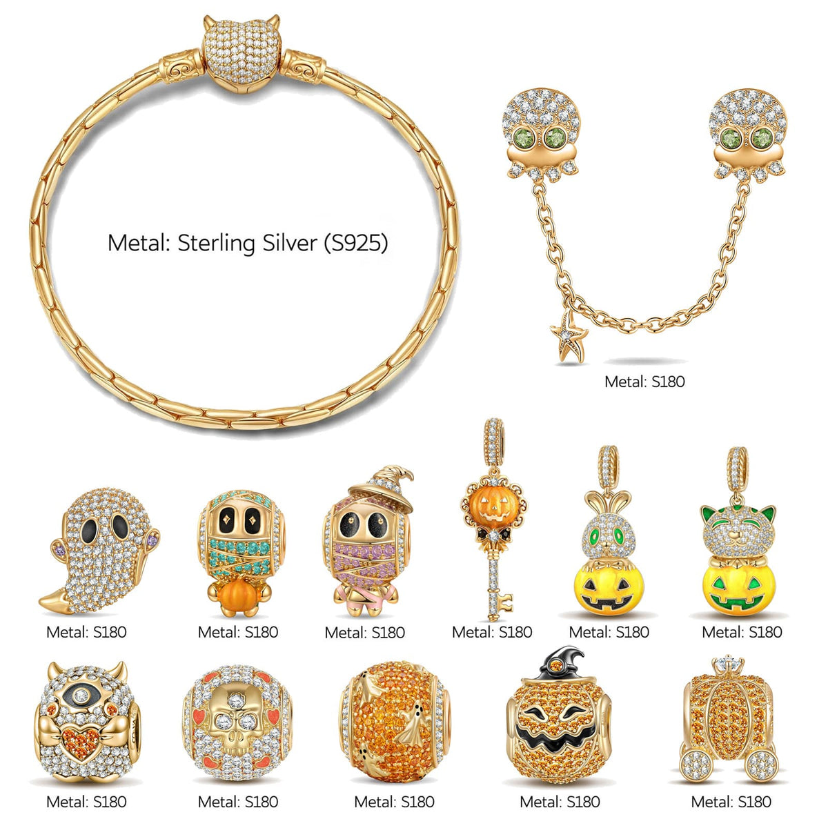 New Arrival - Sterling Silver Golden Pumpkin Masquerade & Ghostly Owl Charms Bracelet Set With Enamel In 14K Gold Plated