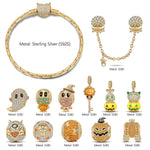 New Arrival - Sterling Silver Golden Pumpkin Masquerade & Ghostly Owl Charms Bracelet Set With Enamel In 14K Gold Plated