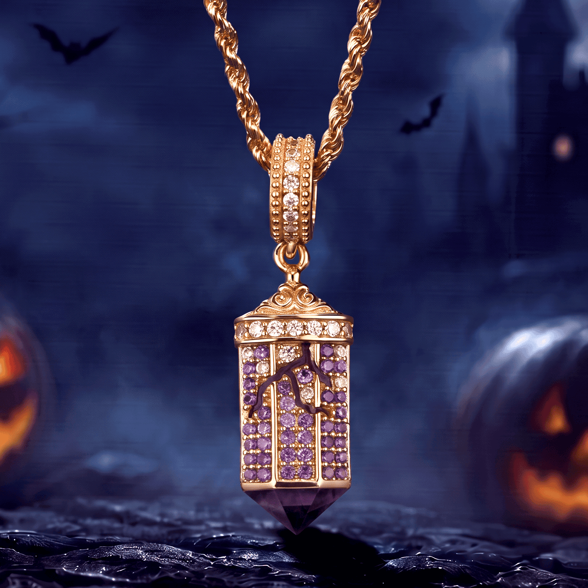 Sterling Silver Midnight Manor Purple Pavé Gothic Window Curated Charm Necklace Set with 14K Gold Plating (Includes Necklace And All Charms Shown)