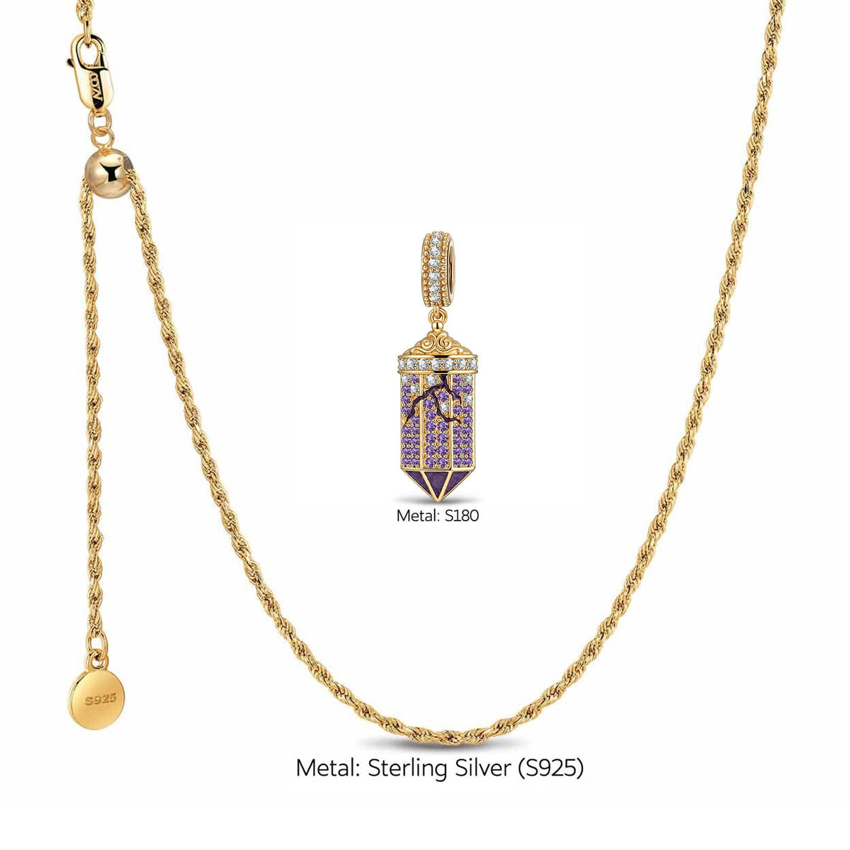 Sterling Silver Midnight Manor Purple Pavé Gothic Window Curated Charm Necklace Set with 14K Gold Plating (Includes Necklace And All Charms Shown)