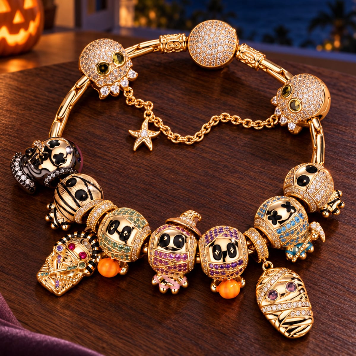 Sterling Silver Mummy Kingdom Halloween Charm Bracelet Set (Includes Bracelet And All Charms Shown)
