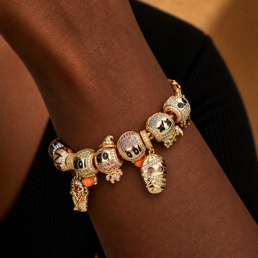 Sterling Silver Mummy Kingdom Halloween Charm Bracelet Set (Includes Bracelet And All Charms Shown)