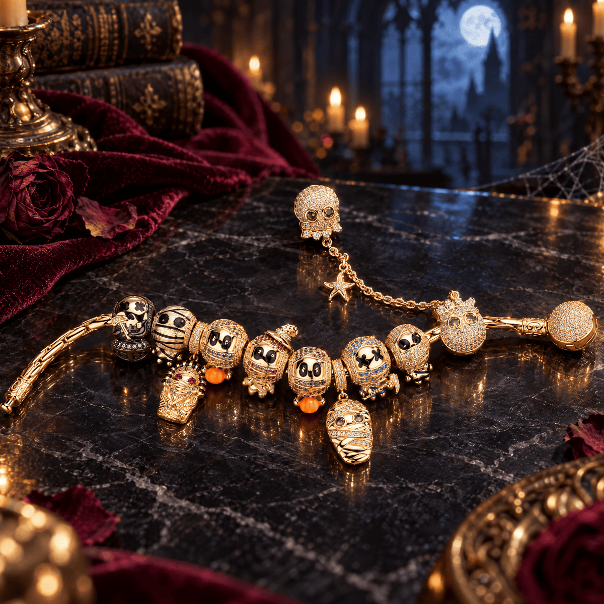 Sterling Silver Mummy Kingdom Halloween Charm Bracelet Set (Includes Bracelet And All Charms Shown)