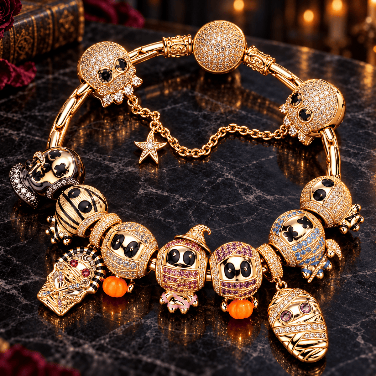 Sterling Silver Mummy Kingdom Halloween Charm Bracelet Set (Includes Bracelet And All Charms Shown)