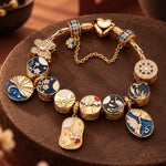 Sterling Silver (S925) JAPONICA REVERIE Moonlit Garden Curated Charm Bracelet Set Featuring Floral, Crane, Cat And Koi Motifs With 14K Gold Plating (Includes Bracelet And All Charms Shown)